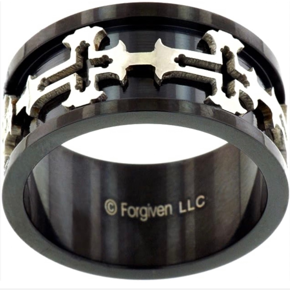 FORGIVEN JEWELRY Black Band Ring with Crosses Size 9
